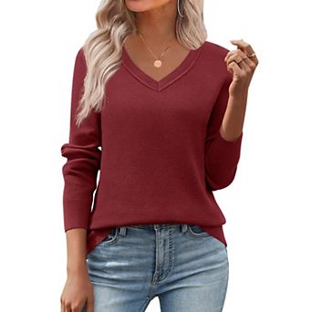 Zeagoo Women's Fall V Neck Sweater Trendy Long Sleeve Lightweight Ribbed Knit Pullover Tops