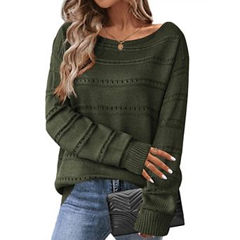 Zeagoo Women's Crewneck Off Shoulder Loose Knit Sweater Lightweight Long Sleeve Pullover Jumper