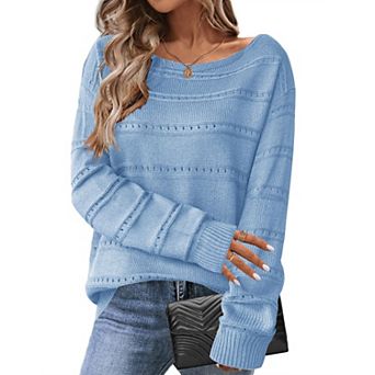 Zeagoo Women's Crewneck Off Shoulder Loose Knit Sweater Lightweight Long Sleeve Pullover Jumper