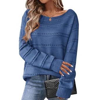 Zeagoo Women's Crewneck Off Shoulder Loose Knit Sweater Lightweight Long Sleeve Pullover Jumper