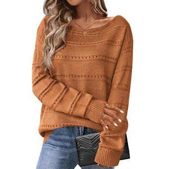 Zeagoo Women's Crewneck Off Shoulder Loose Knit Sweater Lightweight Long Sleeve Pullover Jumper
