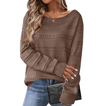 Zeagoo Women's Crewneck Off Shoulder Loose Knit Sweater Lightweight Long Sleeve Pullover Jumper