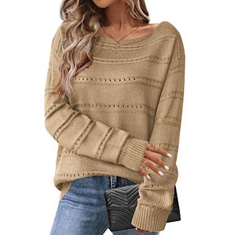 Zeagoo Women's Crewneck Off Shoulder Loose Knit Sweater Lightweight Long Sleeve Pullover Jumper