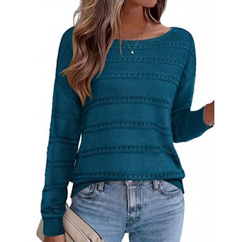 Zeagoo Women's Crewneck Off Shoulder Loose Knit Sweater Lightweight Long Sleeve Pullover Jumper