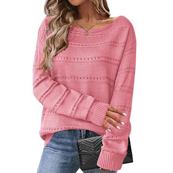Zeagoo Women's Crewneck Off Shoulder Loose Knit Sweater Lightweight Long Sleeve Pullover Jumper