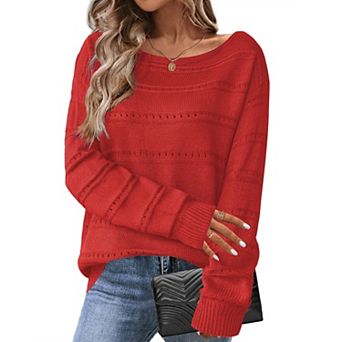 Zeagoo Women's Crewneck Off Shoulder Loose Knit Sweater Lightweight Long Sleeve Pullover Jumper