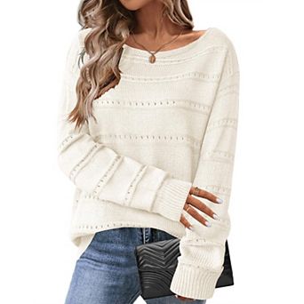Zeagoo Women's Crewneck Off Shoulder Loose Knit Sweater Lightweight Long Sleeve Pullover Jumper