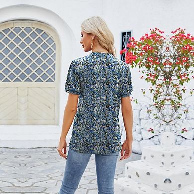 Womens V Neck Puff Short Sleeve Pleated Fashion Casual Tunic T Shirts
