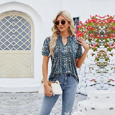 Womens V Neck Puff Short Sleeve Pleated Fashion Casual Tunic T Shirts