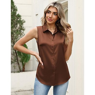 Zeagoo Women's Button Down Sleeveless Blouse, Summer Silk Satin Loose Dressy Tank Tops for Work