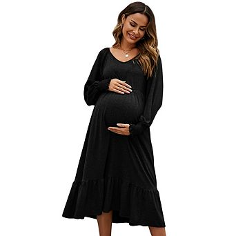 Women's Maternity Pregnancy Dresses Casual Dress V Neck Puff Long Sleeve Flowy Midi Dress