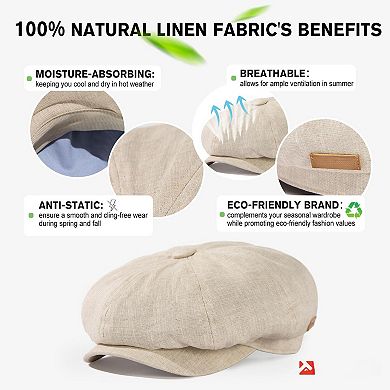 Linen Flat Cap 8 Panel Newsboy Hat Golf Outdoor