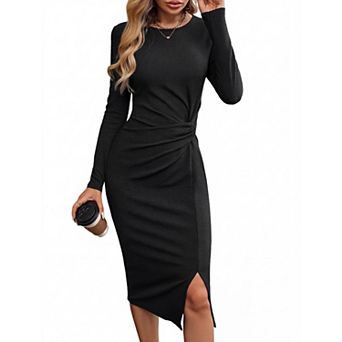 Women Long Sleeve Dress Twist Waist Bodycon Slit Party Dress