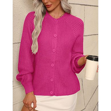 Zeagoo Women's Long Sleeve Chunky Knit Crew Neck Button Down Cardigan Sweaters