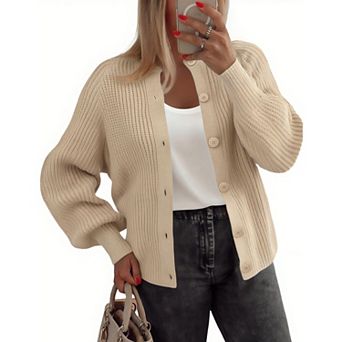 Zeagoo Women's Long Sleeve Chunky Knit Crew Neck Button Down Cardigan Sweaters