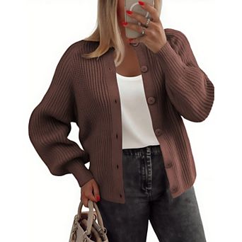 Zeagoo Women's Long Sleeve Chunky Knit Crew Neck Button Down Cardigan Sweaters