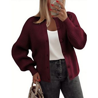 Zeagoo Women's Long Sleeve Chunky Knit Crew Neck Button Down Cardigan Sweaters