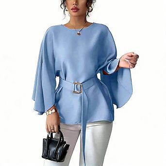 Women's Office Cape Sleeve Blouse Casual Dressy Crew Neck Belted Tops