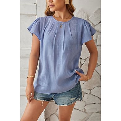 Women's Short Sleeve Chiffon Blouse Crew Neck Pleated Bodice Flutter Sleeves T-shirt