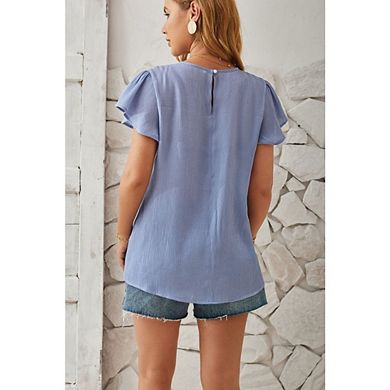 Women's Short Sleeve Chiffon Blouse Crew Neck Pleated Bodice Flutter Sleeves T-shirt