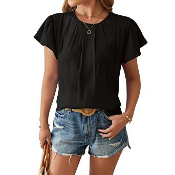 Women's Short Sleeve Chiffon Blouse Crew Neck Pleated Bodice Flutter Sleeves T-shirt