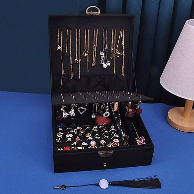 3-Layer Jewelry Organizer with Lock, 8 Hooks, 42 Ring Cases, 12 Big Rings, 64 Ear Studs, 9 Watches