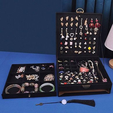 3-Layer Jewelry Organizer with Lock, 8 Hooks, 42 Ring Cases, 12 Big Rings, 64 Ear Studs, 9 Watches