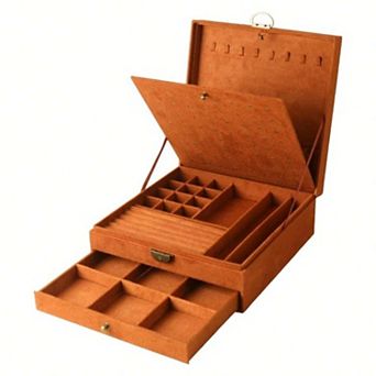 3-Layer Jewelry Organizer with Lock, 8 Hooks, 42 Ring Cases, 12 Big Rings, 64 Ear Studs, 9 Watches