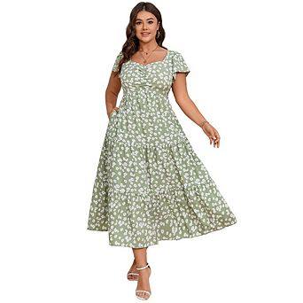 Women Plus Size Short Sleeve Casual Floral Sweetheart Neck Ruffle Maxi Dress