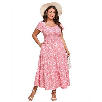 Women Plus Size Short Sleeve Casual Floral Sweetheart Neck Ruffle Maxi Dress