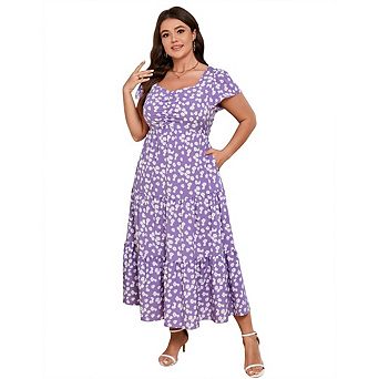 Women Plus Size Short Sleeve Casual Floral Sweetheart Neck Ruffle Maxi Dress