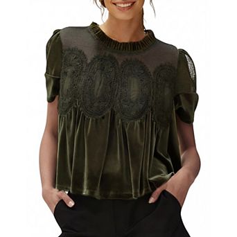 Women Elegant Velvet Lace Blouse Babydoll Loose Shirt