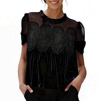 Women Elegant Velvet Lace Blouse Babydoll Loose Shirt