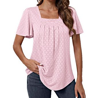 Womens Casual T shirts Short Sleeve Square Neck Shirts Loose Blouse Summer Tee