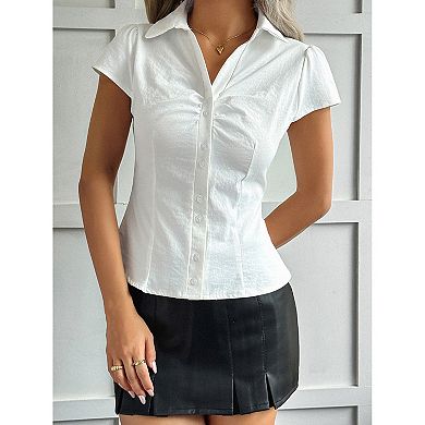 Women Button Down Shirt Slim fit Short Sleeve Casual Work Blouse