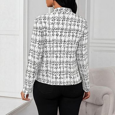 Women's Plaid Blazer Open Front Stand Collar Suit Jacket