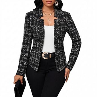 Women's Plaid Blazer Open Front Stand Collar Suit Jacket