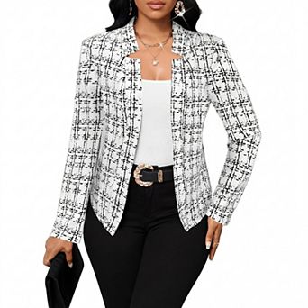Women's Plaid Blazer Open Front Stand Collar Suit Jacket