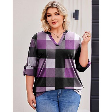 Zeagoo Women's Plaid V Neck Long Sleeve Tops Soft Casual Business Work Plus Size Blouses