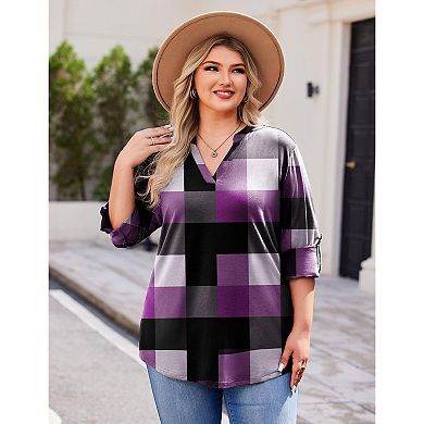 Zeagoo Women's Plaid V Neck Long Sleeve Tops Soft Casual Business Work Plus Size Blouses