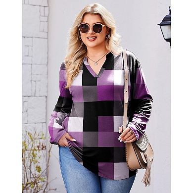 Zeagoo Women's Plaid V Neck Long Sleeve Tops Soft Casual Business Work Plus Size Blouses