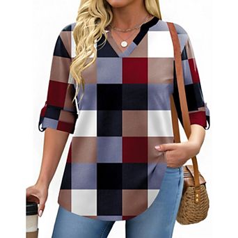 Zeagoo Women's Plaid V Neck Long Sleeve Tops Soft Casual Business Work Plus Size Blouses