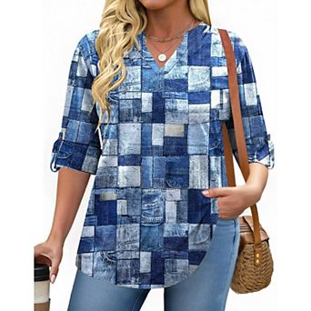 Zeagoo Women's Plaid V Neck Long Sleeve Tops Soft Casual Business Work Plus Size Blouses