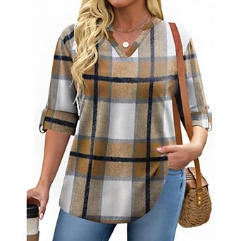 Zeagoo Women's Plaid V Neck Long Sleeve Tops Soft Casual Business Work Plus Size Blouses