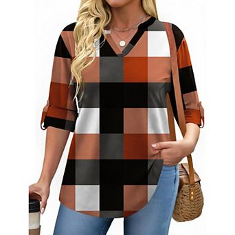 Zeagoo Women's Plaid V Neck Long Sleeve Tops Soft Casual Business Work Plus Size Blouses