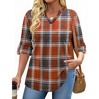 Zeagoo Women's Plaid V Neck Long Sleeve Tops Soft Casual Business Work Plus Size Blouses