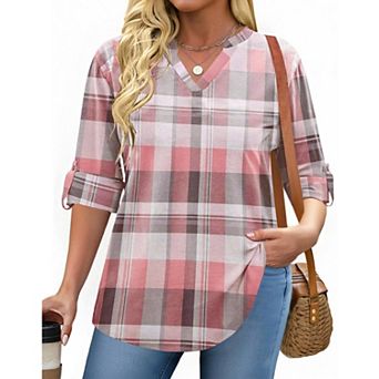 Zeagoo Women's Plaid V Neck Long Sleeve Tops Soft Casual Business Work Plus Size Blouses