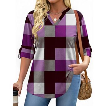 Zeagoo Women's Plaid V Neck Long Sleeve Tops Soft Casual Business Work Plus Size Blouses