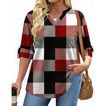 Zeagoo Women's Plaid V Neck Long Sleeve Tops Soft Casual Business Work Plus Size Blouses
