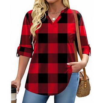 Zeagoo Women's Plaid V Neck Long Sleeve Tops Soft Casual Business Work Plus Size Blouses
